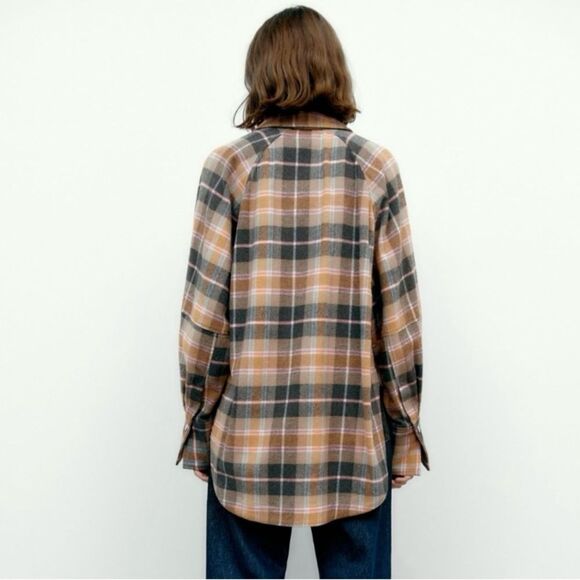 NEW Zara Oversized Plaid Shacket Overshirt Flannel Jacket Tan Pink Gray Size XL - Picture 5 of 16